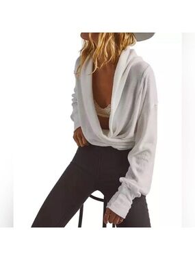 We The Free White Ribbed Knit Top with Black Overlay off the shoulder